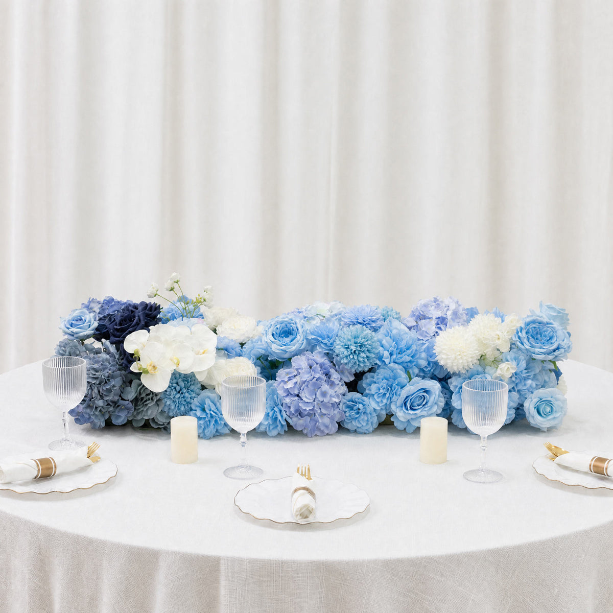 Pre-Arranged Silk Flower Table Runner 40"x16" Mixed Blue – Roses, Hydrangeas, Chrysanthemums & Peoni