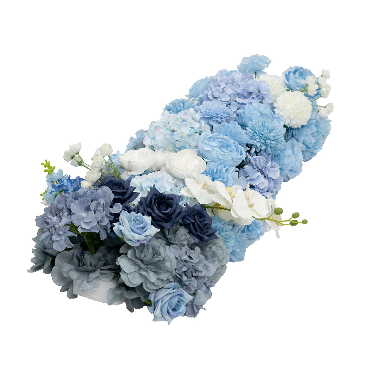Pre-Arranged Silk Flower Table Runner 40"x16" Mixed Blue – Roses, Hydrangeas, Chrysanthemums & Peoni