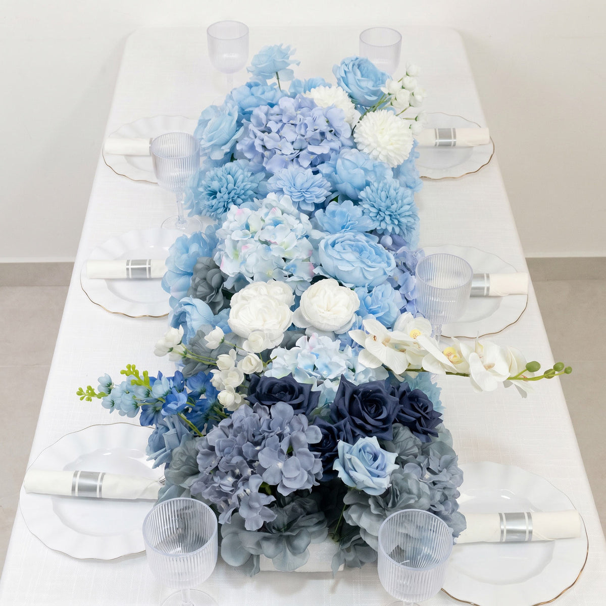 Pre-Arranged Silk Flower Table Runner 40"x16" Mixed Blue – Roses, Hydrangeas, Chrysanthemums & Peoni