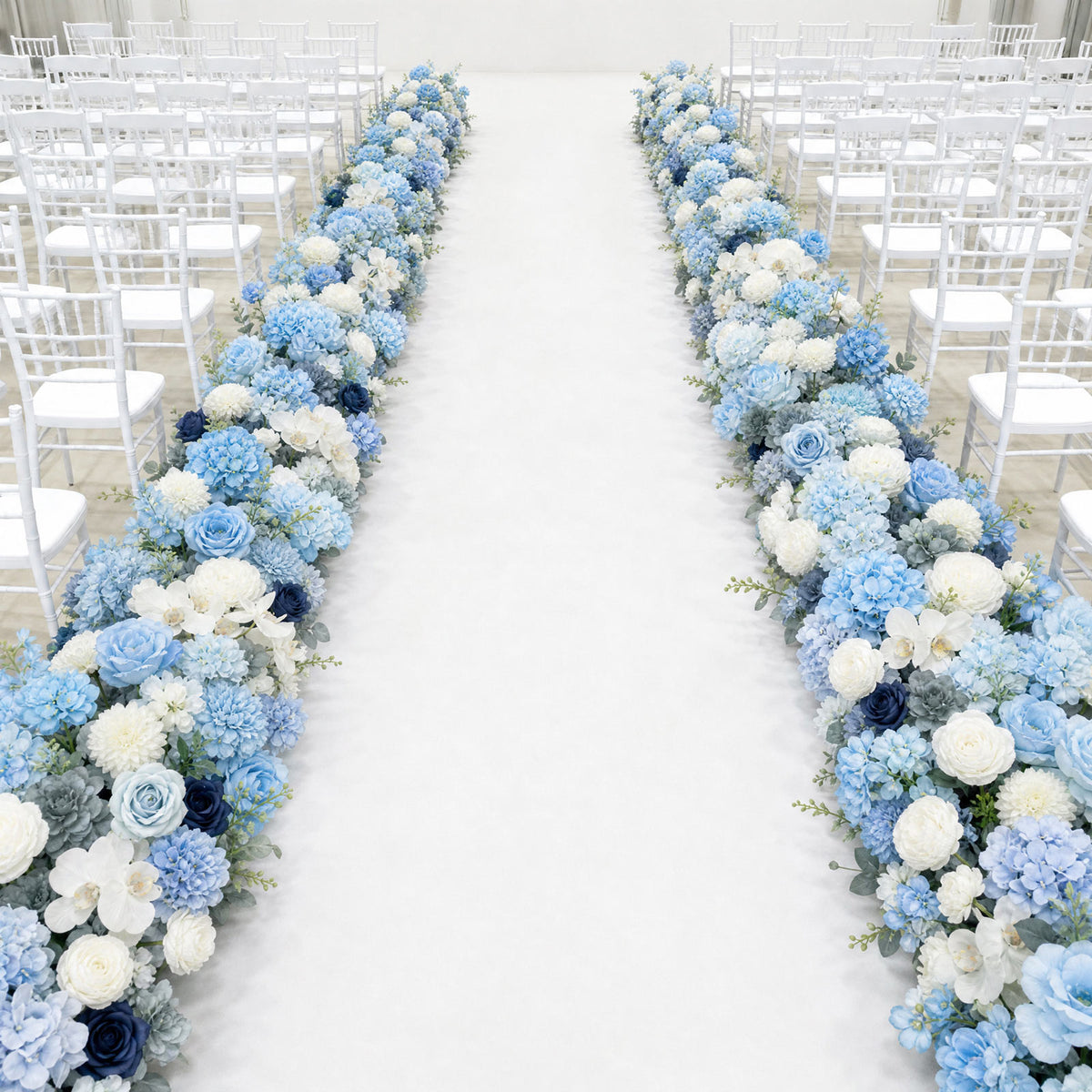 Pre-Arranged Silk Flower Table Runner 40"x16" Mixed Blue – Roses, Hydrangeas, Chrysanthemums & Peoni