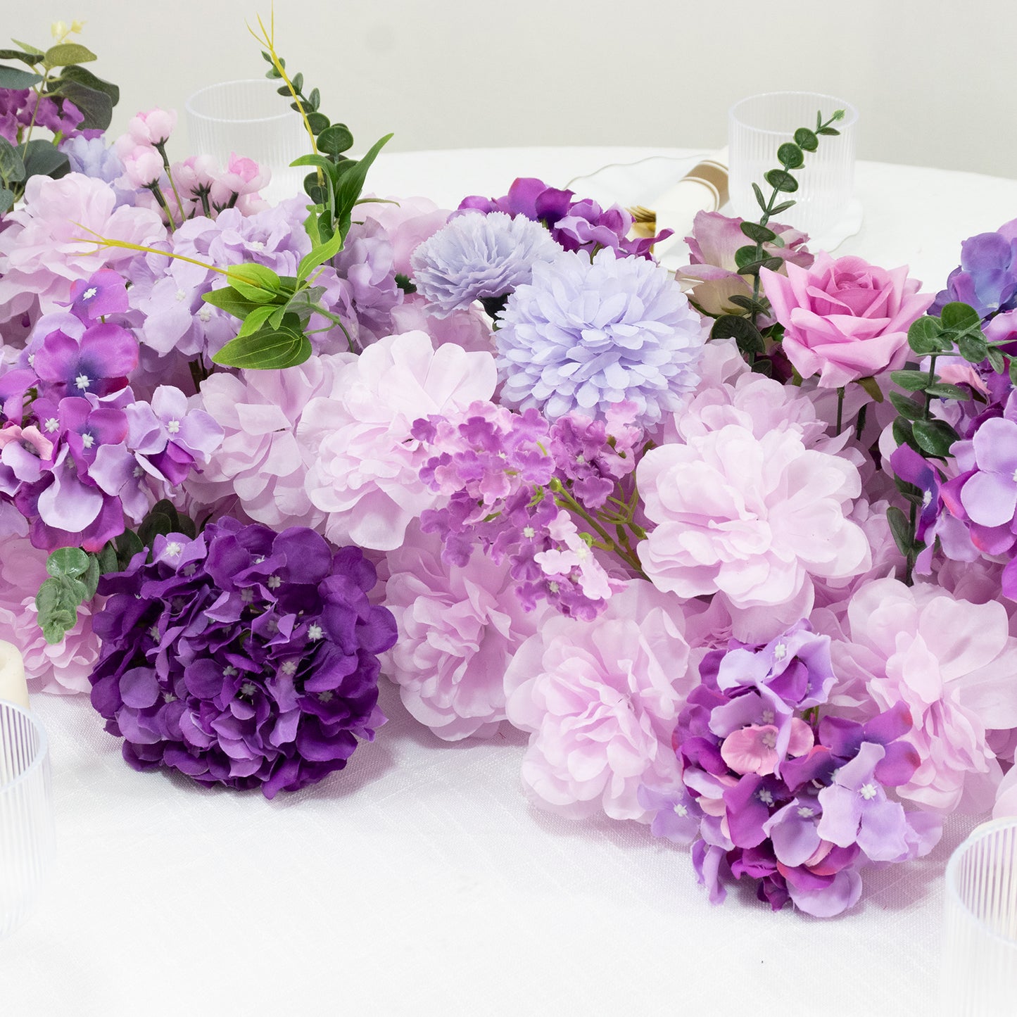 Pre-Arranged Silk Flower Table Runner 40"x16" Mixed Lavender Lilac – Roses, Hydrangeas, Chrysanthemums & Peonies for Wedding Table & Arch Decor