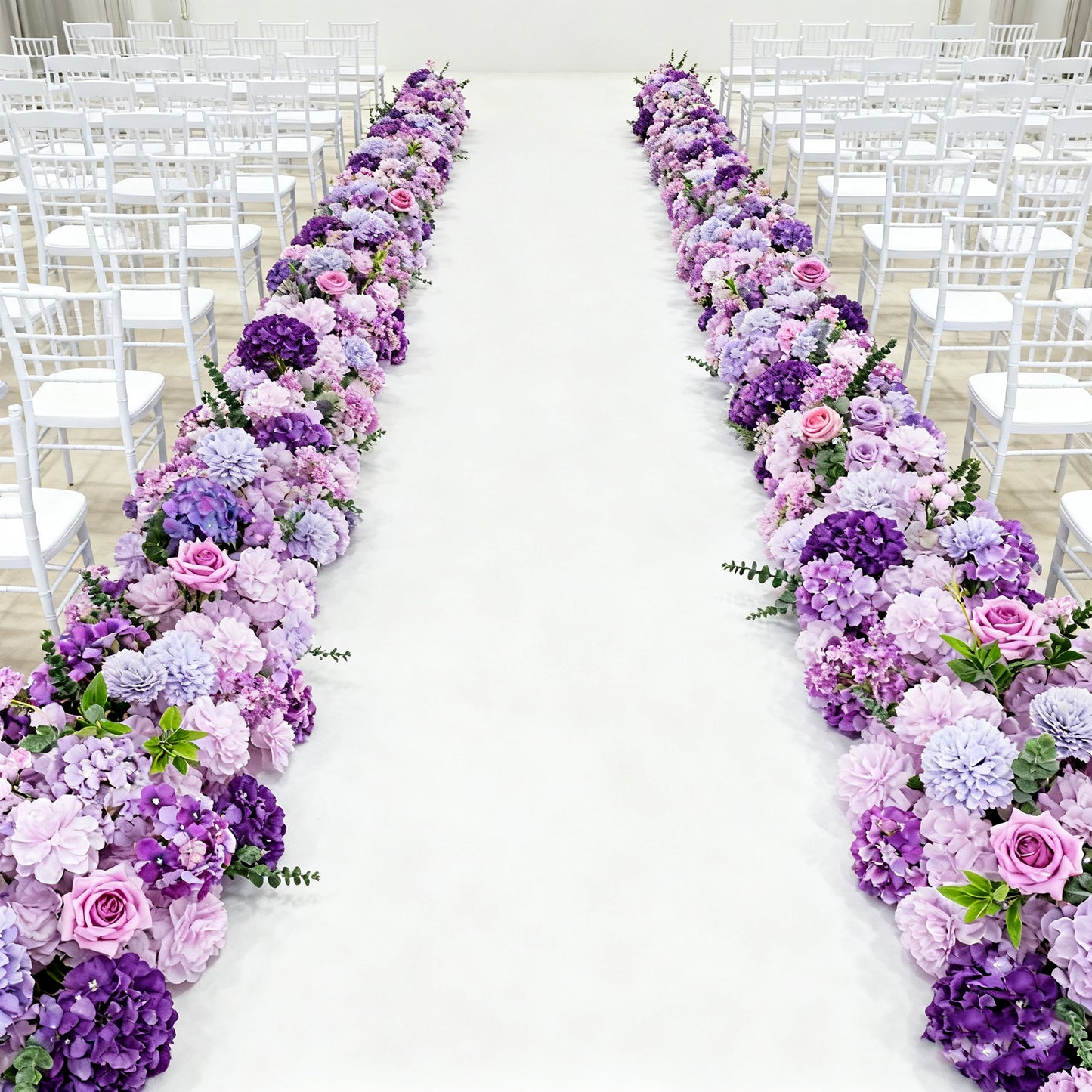 Pre-Arranged Silk Flower Table Runner 40"x16" Mixed Lavender Lilac – Roses, Hydrangeas, Chrysanthemums & Peonies 