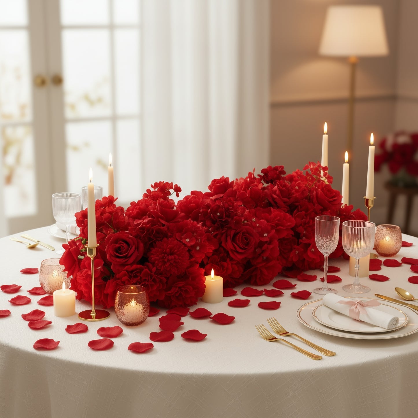 Mixed red silk flower table runner with roses, hydrangeas, and peonies.