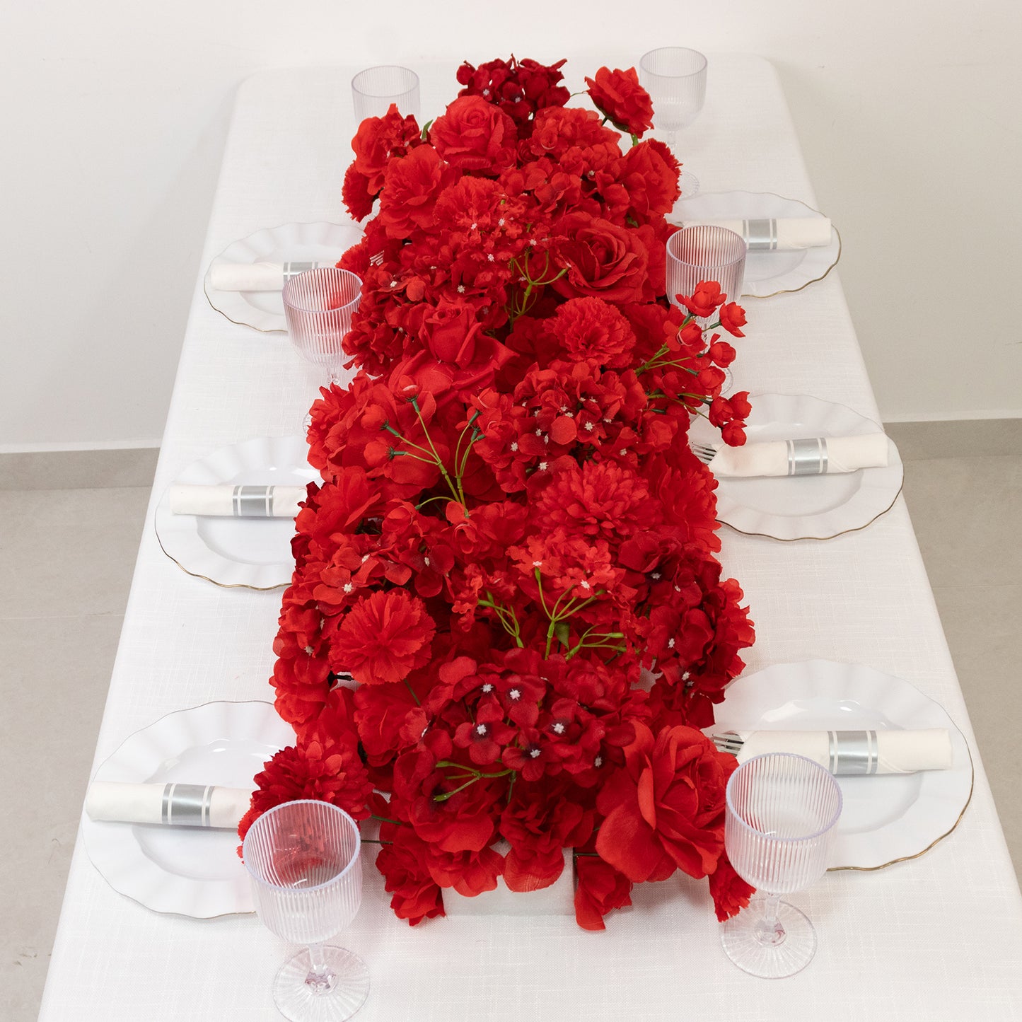 Pre-Arranged Silk Flower Table Runner 40"x16" Mixed Red – Roses, Hydrangeas, Chrysanthemums & Peonies for Wedding Table & Arch Decor