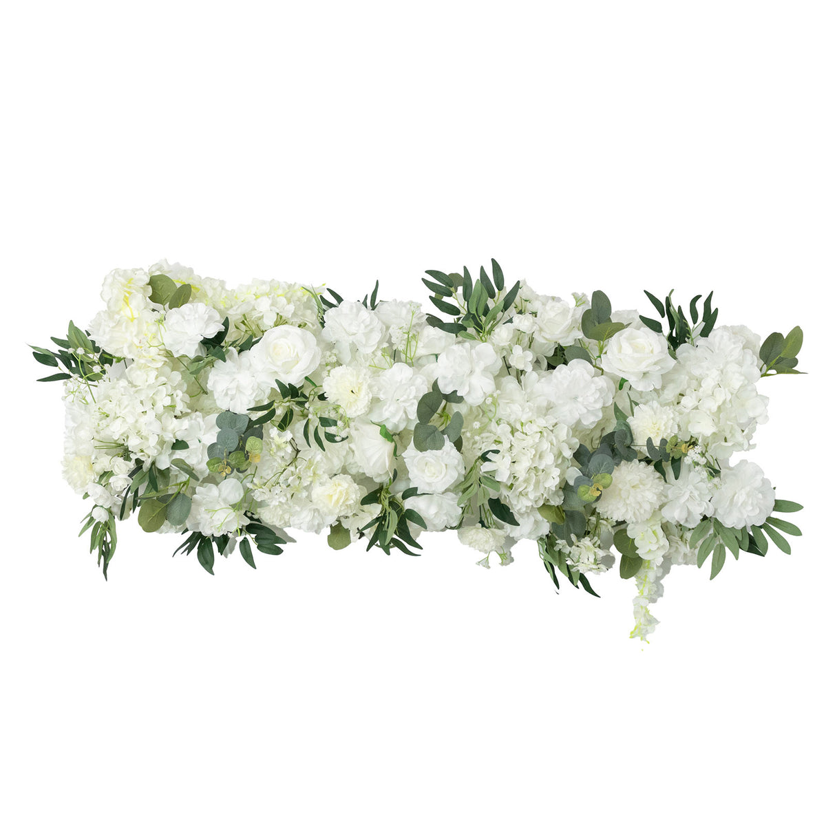Pre-Arranged Silk Flower Table Runner 40"x16" Mixed White – Roses, Hydrangeas & Peonies with Eucalyp