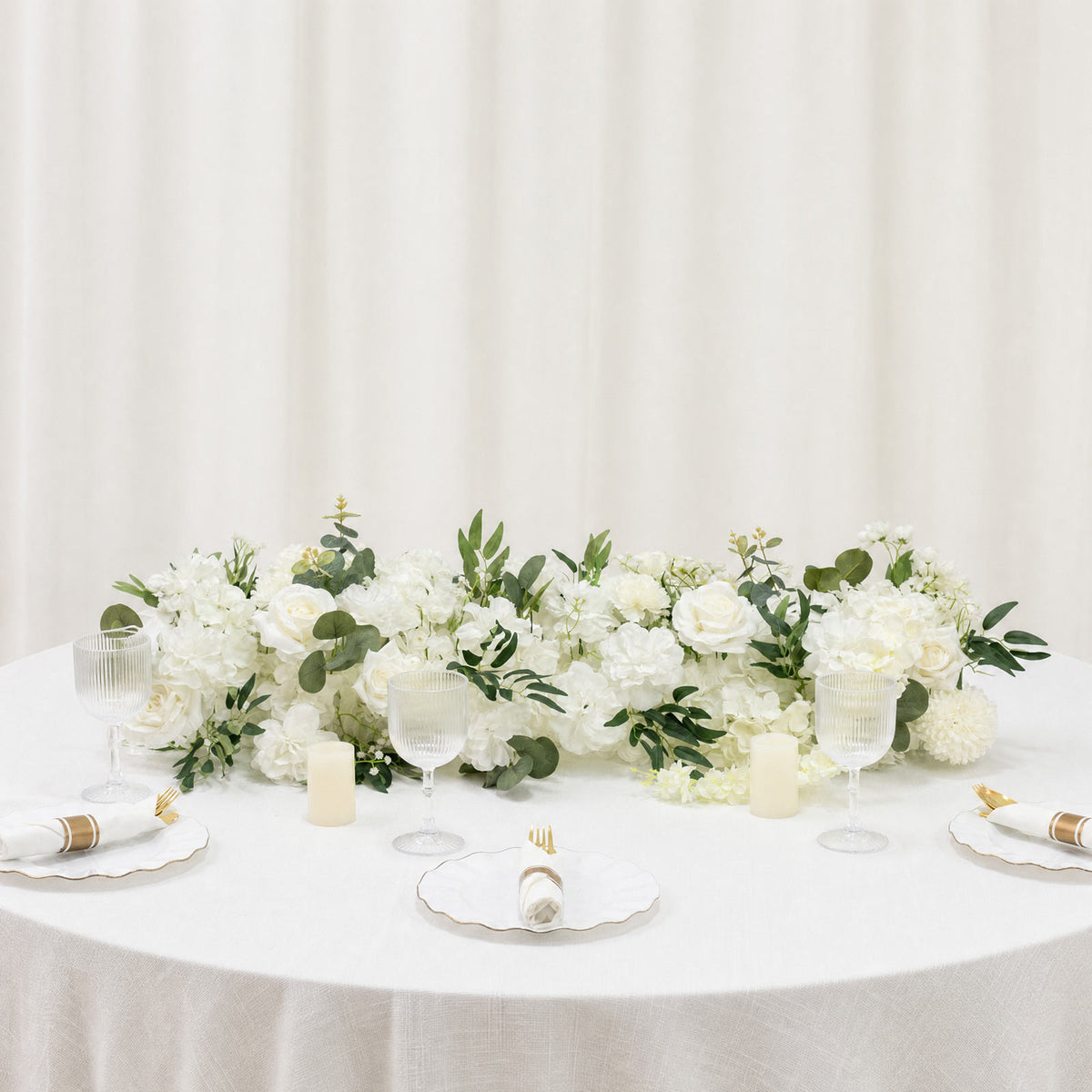 Pre-Arranged Silk Flower Table Runner 40"x16" Mixed White – Roses, Hydrangeas & Peonies with Eucalyp