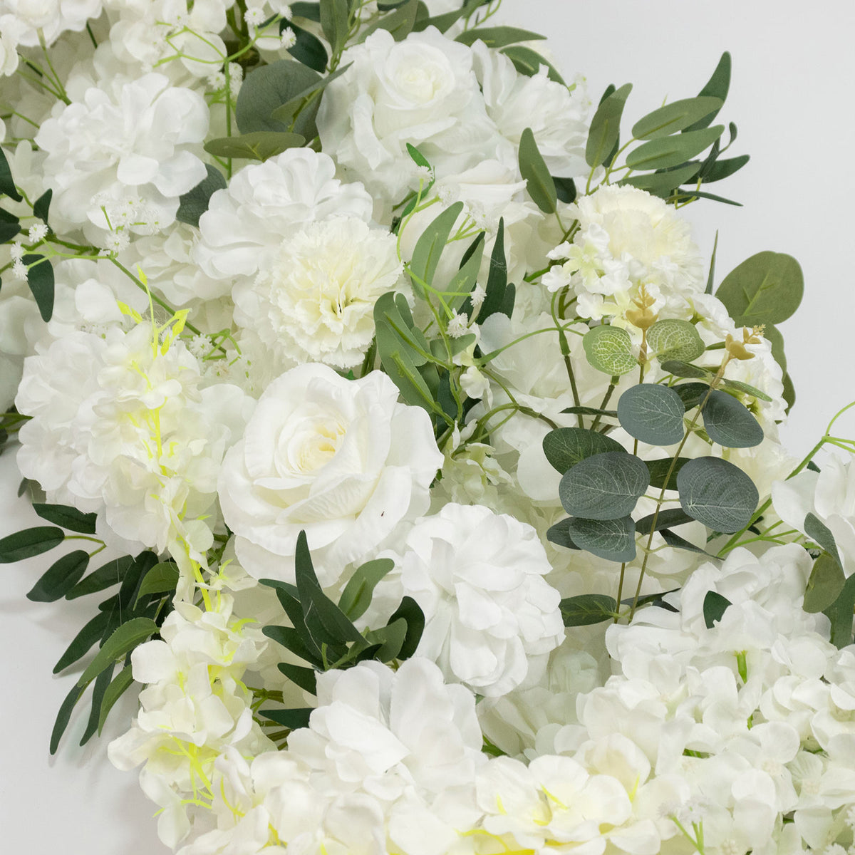 Pre-Arranged Silk Flower Table Runner 40"x16" Mixed White – Roses, Hydrangeas & Peonies with Eucalyp