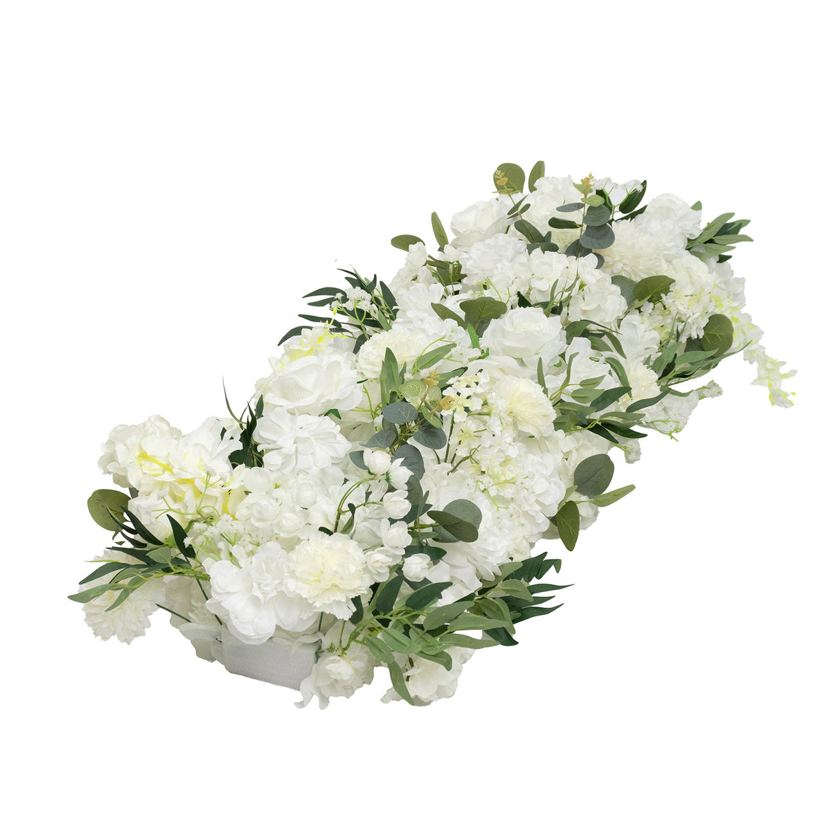 Pre-Arranged Silk Flower Table Runner 40"x16" Mixed White – Roses, Hydrangeas & Peonies with Eucalyp