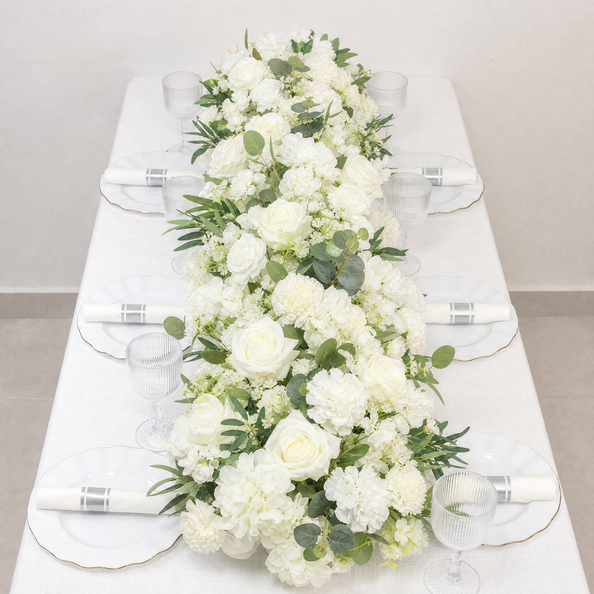 Pre-Arranged Silk Flower Table Runner 40"x16" Mixed White – Roses, Hydrangeas & Peonies with Eucalyp