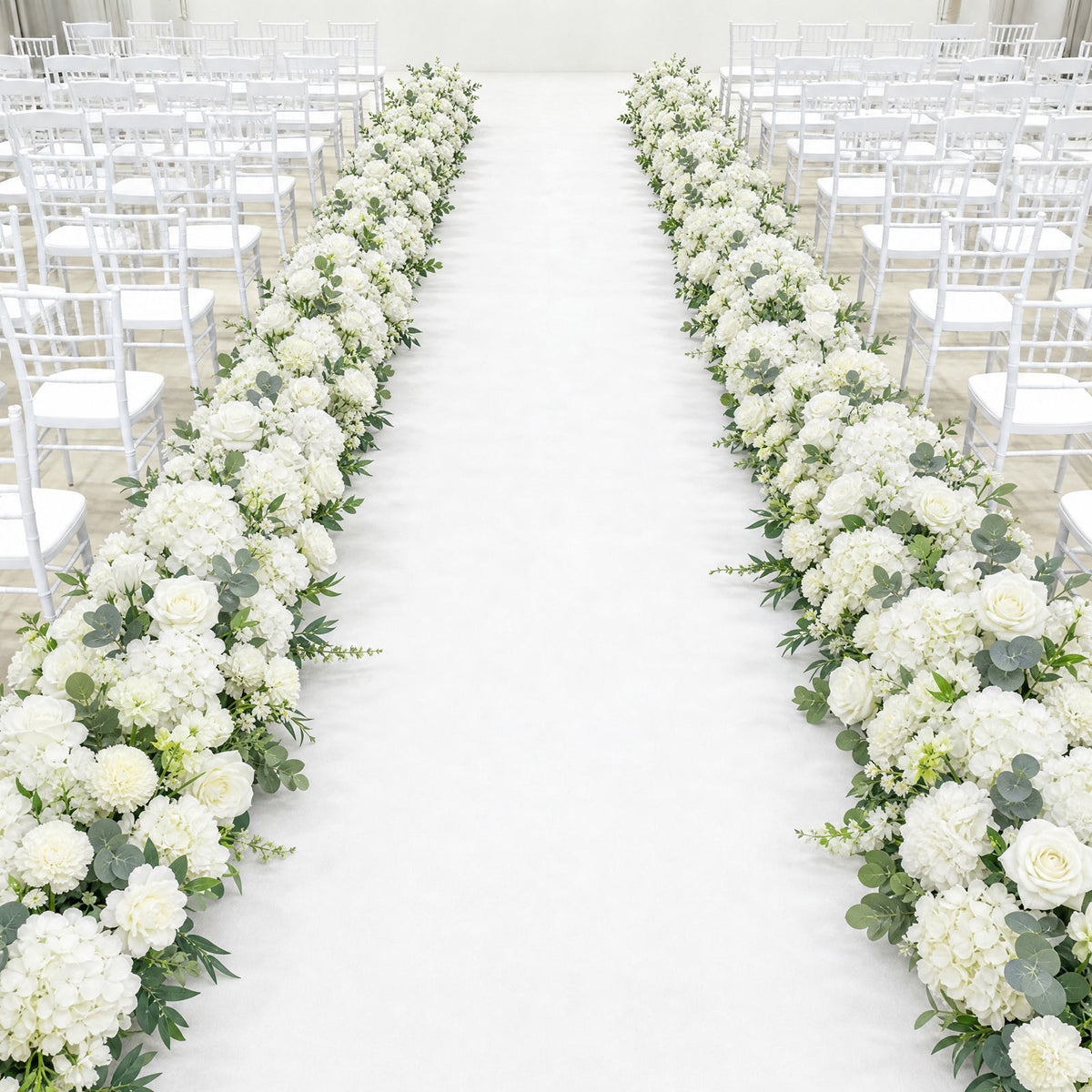 Pre-Arranged Silk Flower Table Runner 40"x16" Mixed White – Roses, Hydrangeas & Peonies with Eucalyp