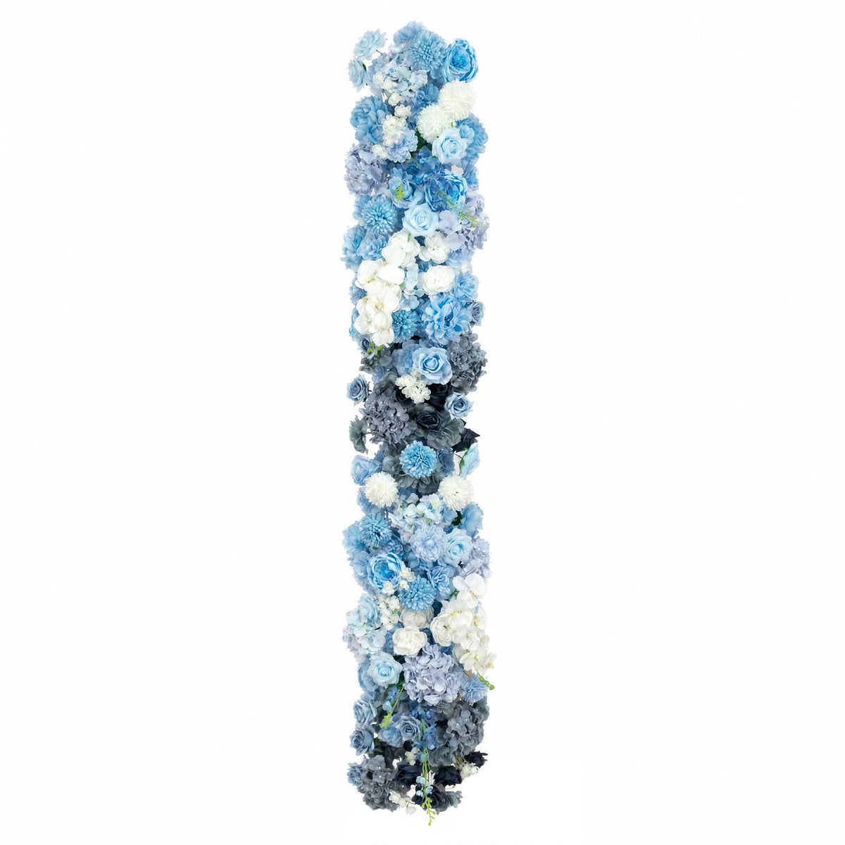 80"x18" Pre-Arranged Silk Flower Runner – Mixed Blue and White Roses, Hydrangeas, Mums & Orchids for