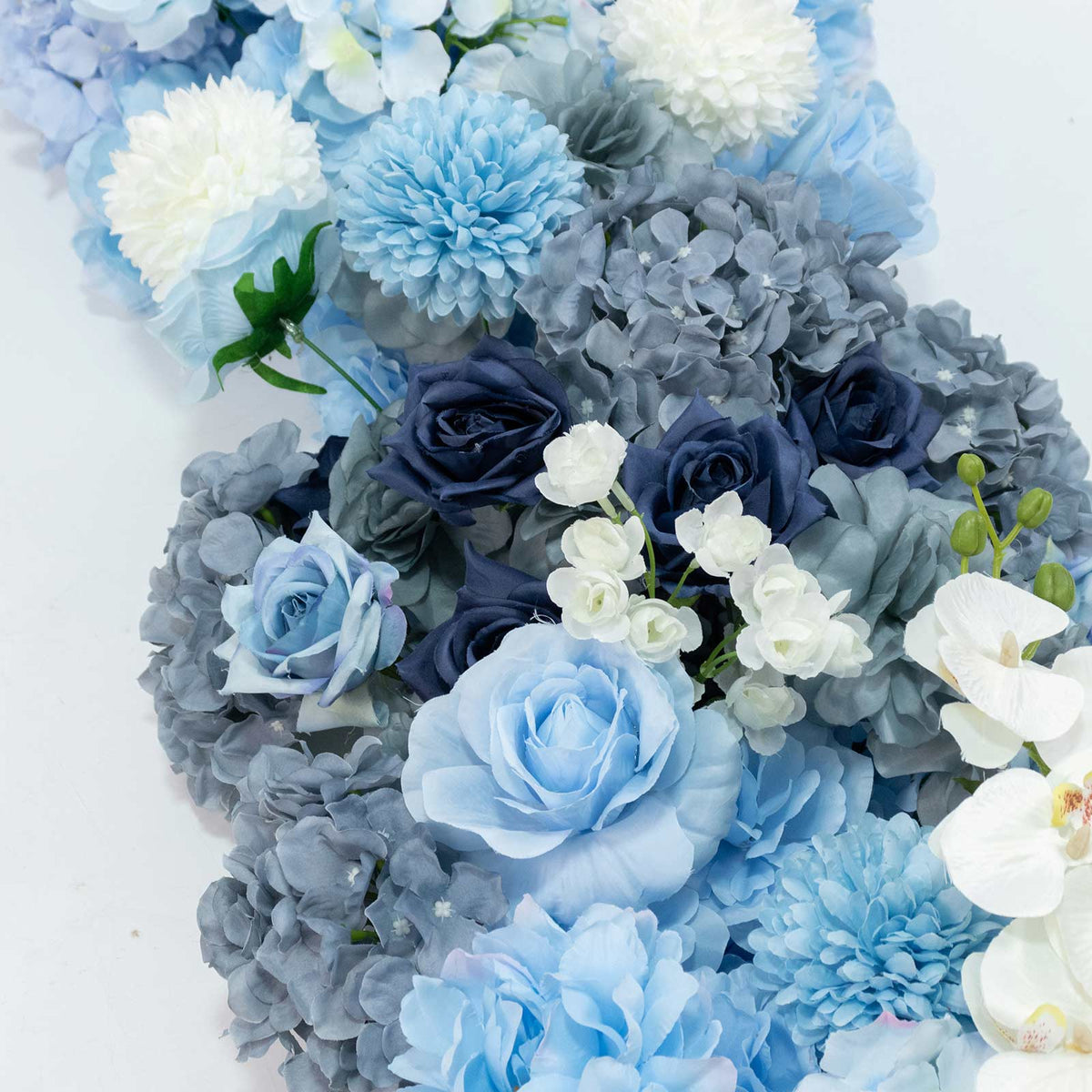 80"x18" Pre-Arranged Silk Flower Runner – Mixed Blue and White Roses, Hydrangeas, Mums & Orchids for