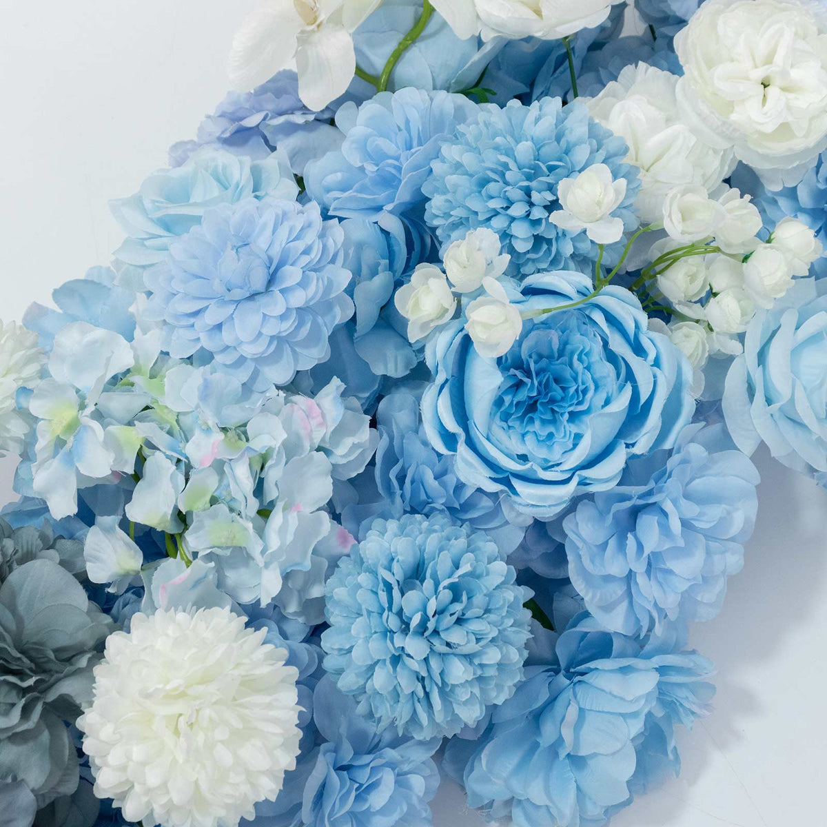 80"x18" Pre-Arranged Silk Flower Runner – Mixed Blue and White Roses, Hydrangeas, Mums & Orchids for