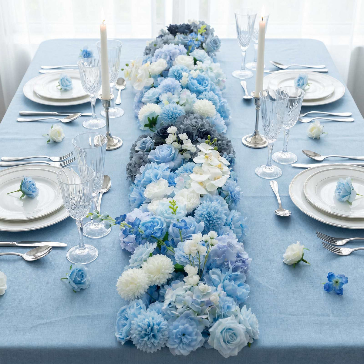 80"x18" Pre-Arranged Silk Flower Runner – Mixed Blue and White Roses, Hydrangeas, Mums & Orchids for