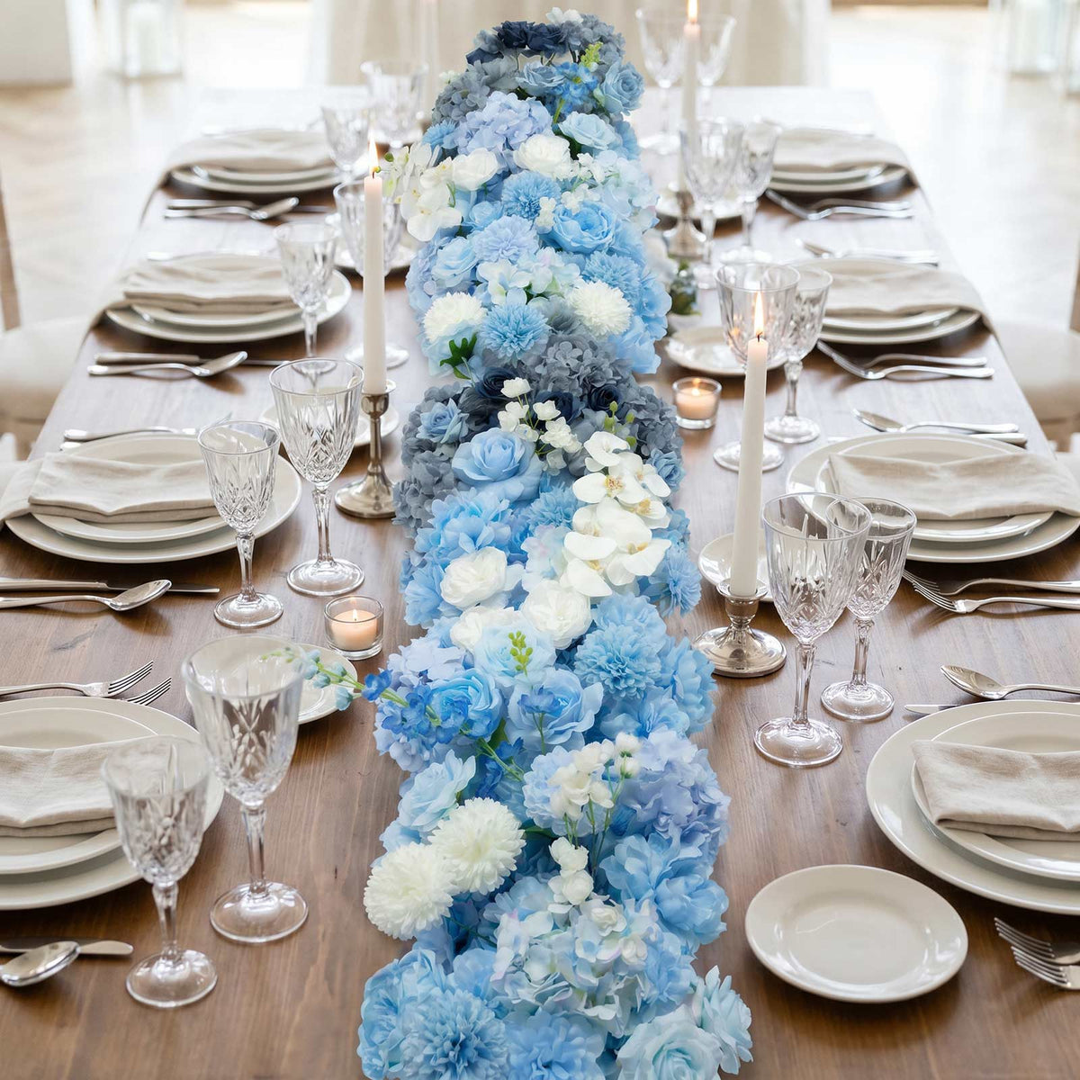 80"x18" Pre-Arranged Silk Flower Runner – Mixed Blue and White Roses, Hydrangeas, Mums & Orchids for