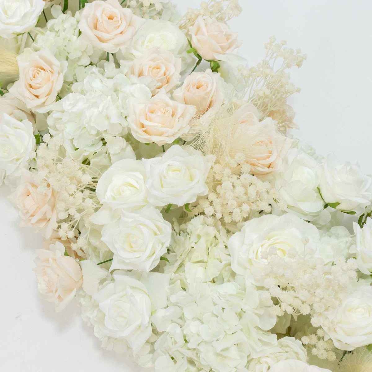80"x18" Pre-Arranged Silk Flower Runner – White & Blush Roses, Hydrangeas, Baby's Breath & Pampas Gr