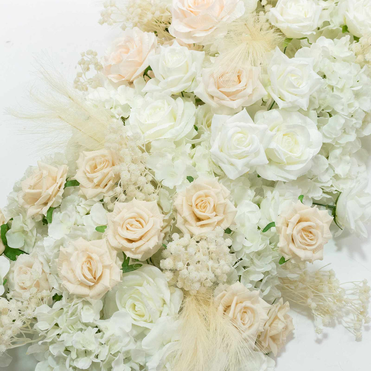 80"x18" Pre-Arranged Silk Flower Runner – White & Blush Roses, Hydrangeas, Baby's Breath & Pampas Gr