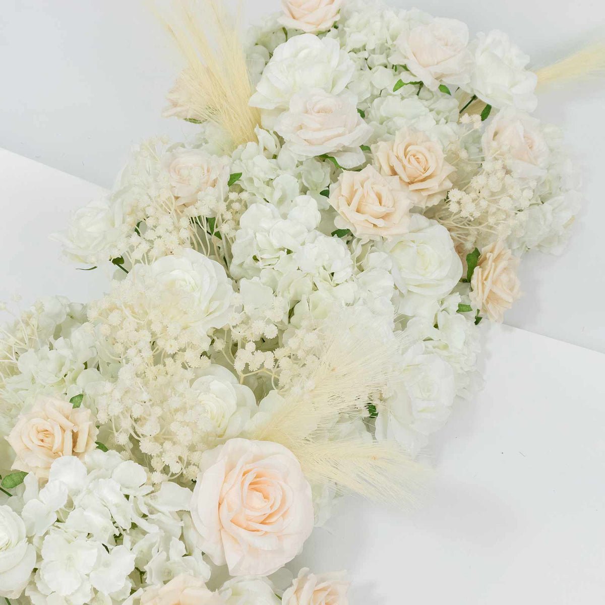 80"x18" Pre-Arranged Silk Flower Runner – White & Blush Roses, Hydrangeas, Baby's Breath & Pampas Gr