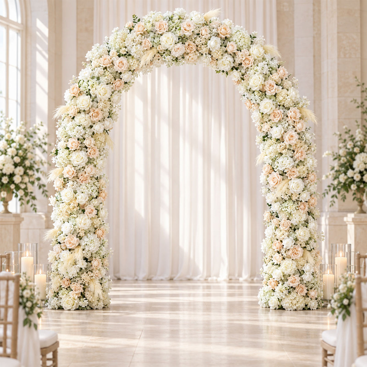 80"x18" Pre-Arranged Silk Flower Runner – White & Blush Roses, Hydrangeas, Baby's Breath & Pampas Gr