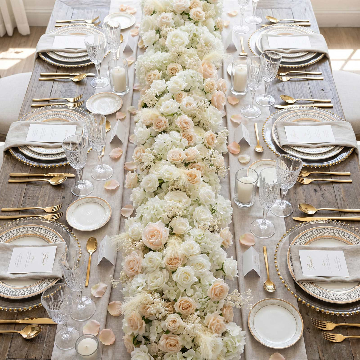 80"x18" Pre-Arranged Silk Flower Runner – White & Blush Roses, Hydrangeas, Baby's Breath & Pampas Gr