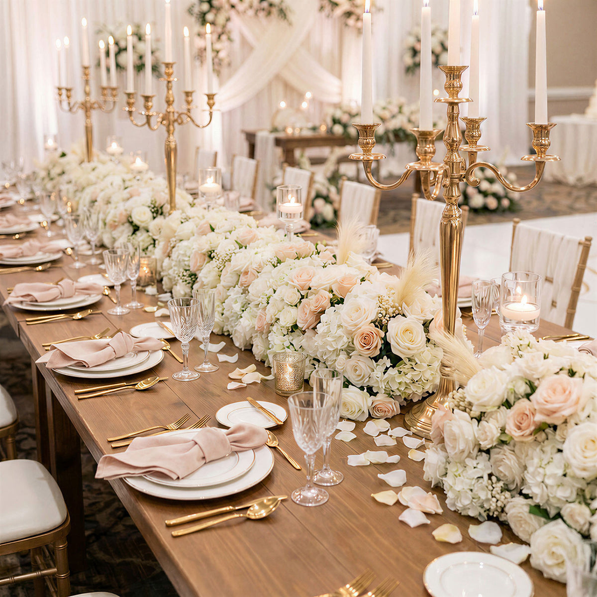 80"x18" Pre-Arranged Silk Flower Runner – White & Blush Roses, Hydrangeas, Baby's Breath & Pampas Gr