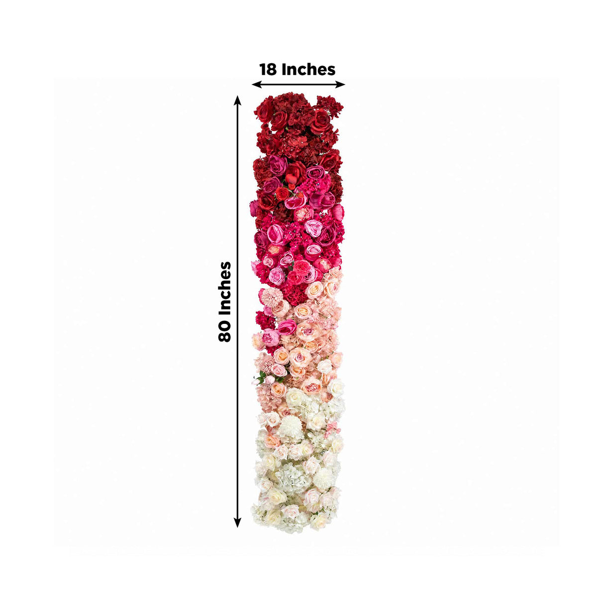 80"x18" Pre-Arranged Silk Flower Runner – White, Pink & Red Gradient Roses, Hydrangeas, Peonies & Ch