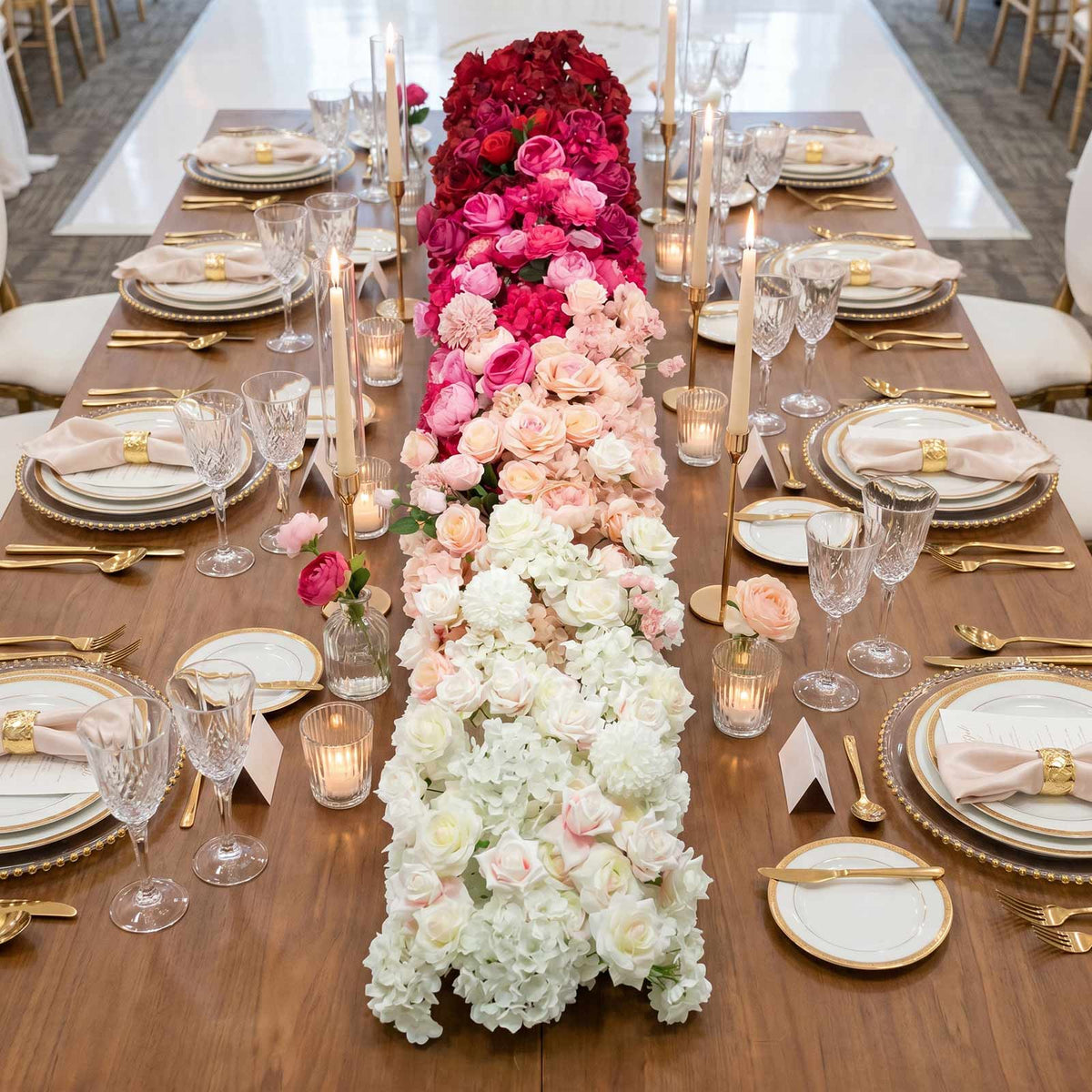 80"x18" Pre-Arranged Silk Flower Runner – White, Pink & Red Gradient Roses, Hydrangeas, Peonies & Ch