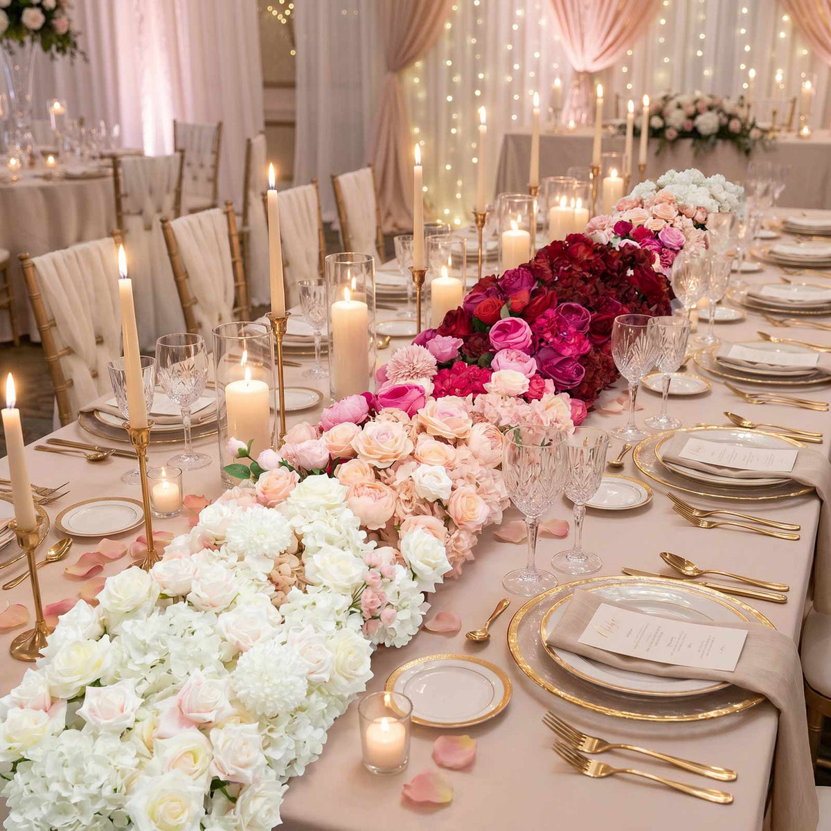 80"x18" Pre-Arranged Silk Flower Runner – White, Pink & Red Gradient Roses, Hydrangeas, Peonies & Ch