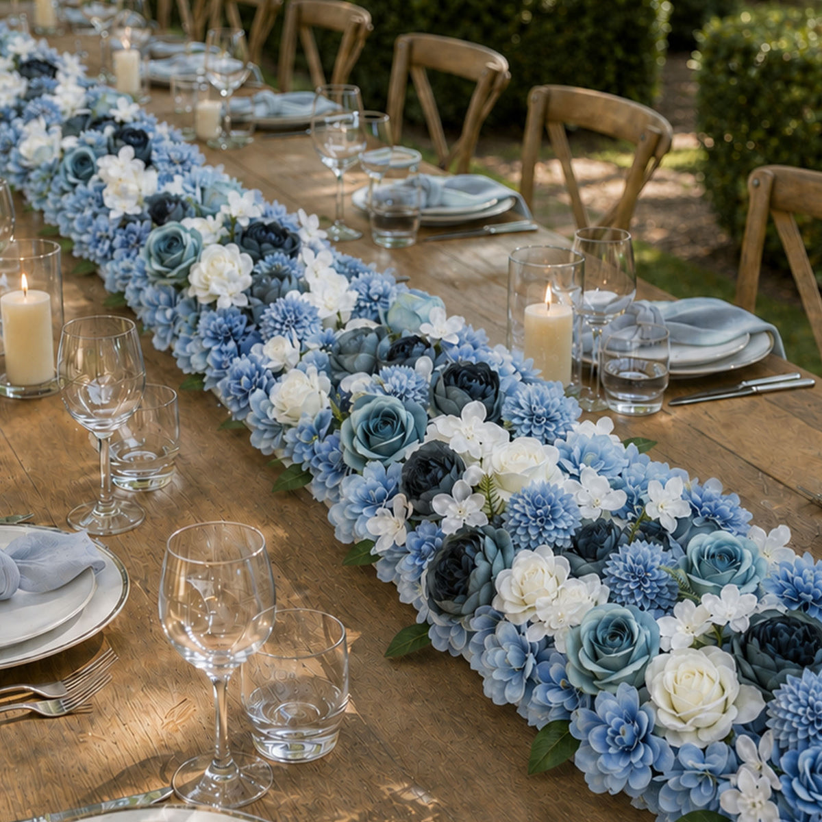 Pre-Arranged Silk Flower Table Runner 40"x16" Light Blue – Artificial Roses, Peonies, Hydrangeas & C