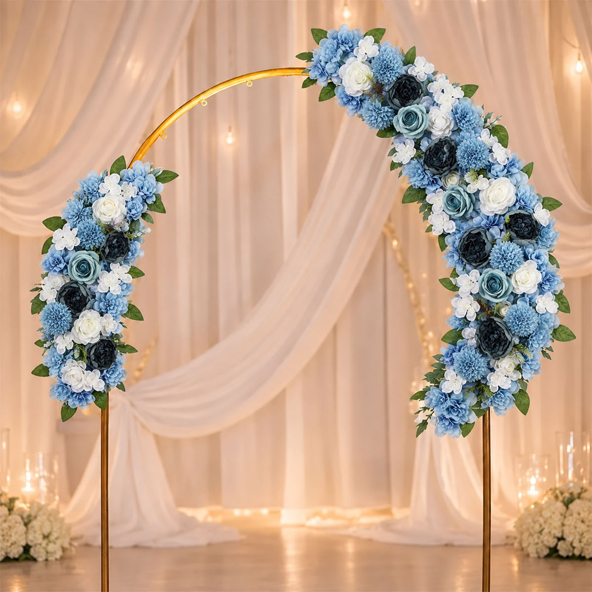 Pre-Arranged Silk Flower Table Runner 40"x16" Light Blue – Artificial Roses, Peonies, Hydrangeas & C