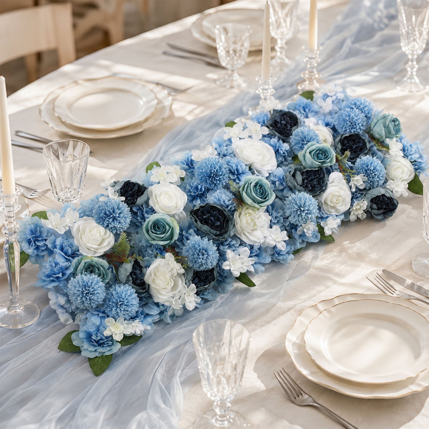 Pre-Arranged Silk Flower Table Runner 40"x16" Light Blue – Artificial Roses, Peonies, Hydrangeas & C