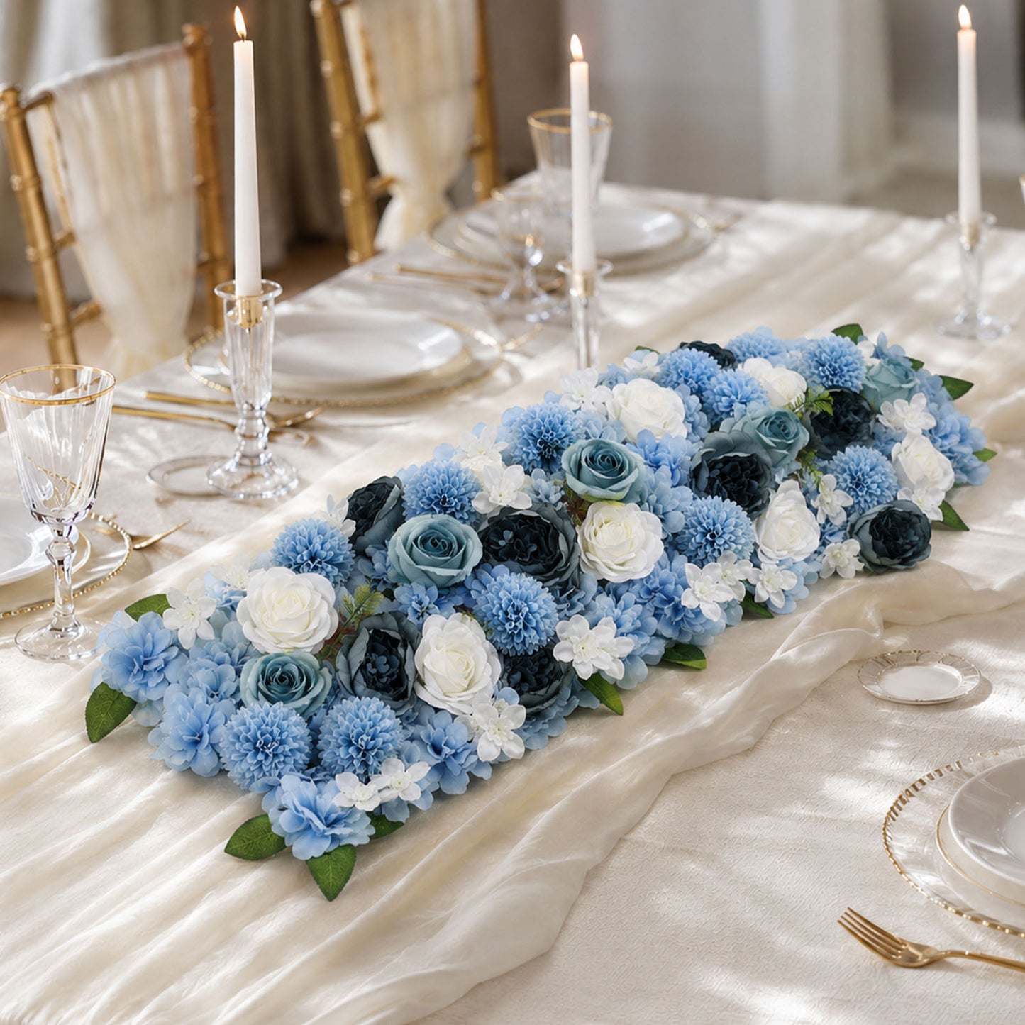 Pre-Arranged Silk Flower Table Runner 40"x16" Light Blue – Artificial Roses, Peonies, Hydrangeas & C
