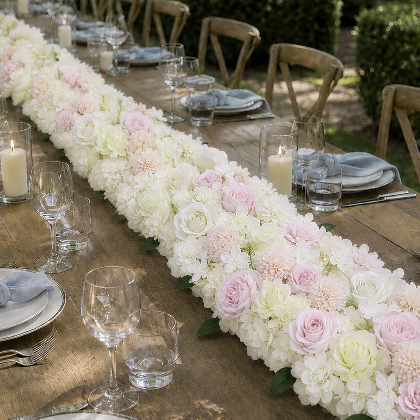 Pre-Arranged Silk Flower Table Runner 40"x16" Cream – Artificial Roses, Peonies, Hydrangeas & Chrysa