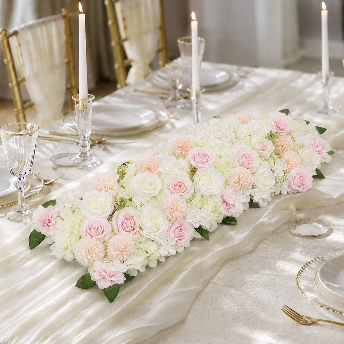 Pre-Arranged Silk Flower Table Runner 40"x16" Cream – Artificial Roses, Peonies, Hydrangeas & Chrysa