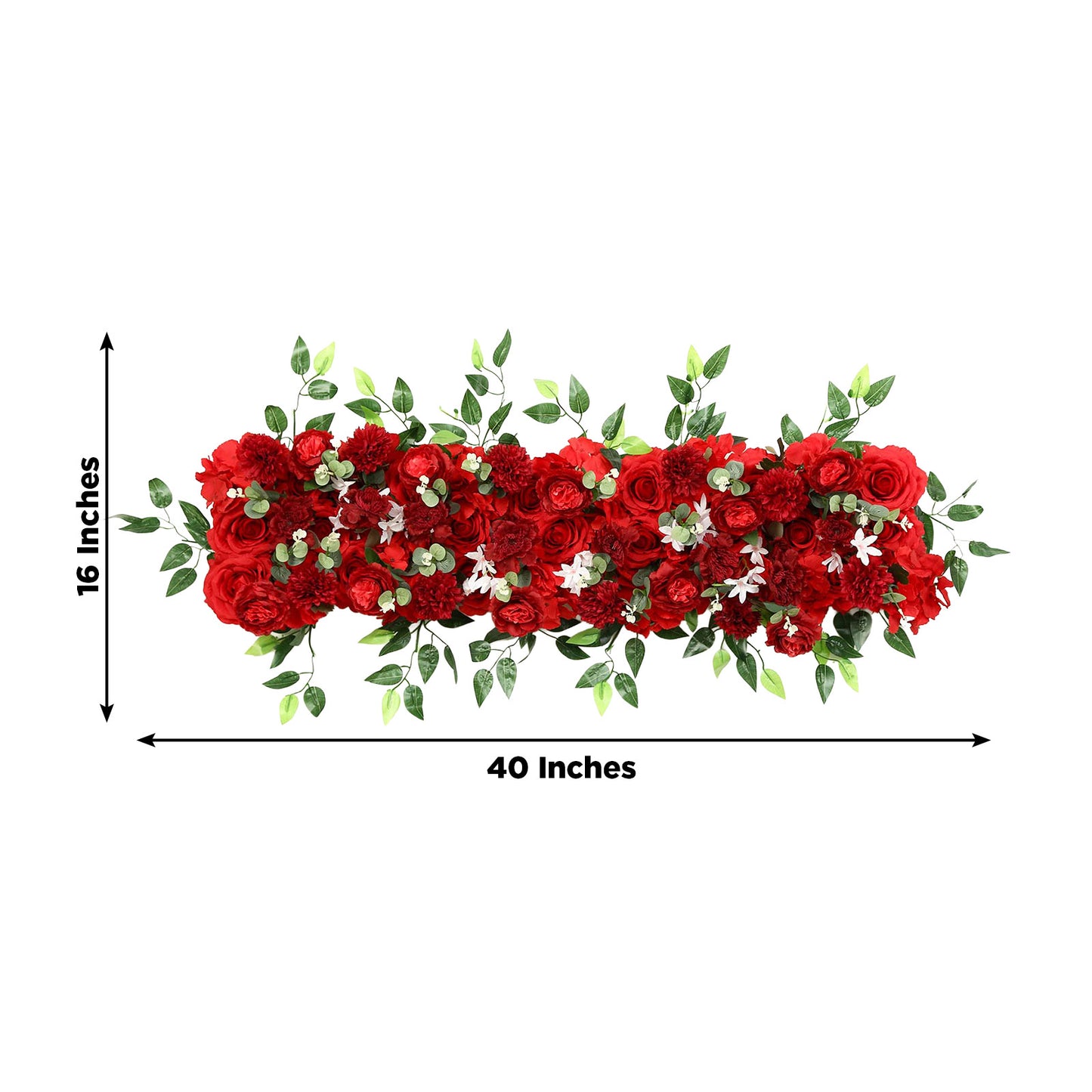 Pre-Arranged Silk Flower Table Runner 40"x16" Red – Artificial Roses, Peonies, Hydrangeas & Chrysant