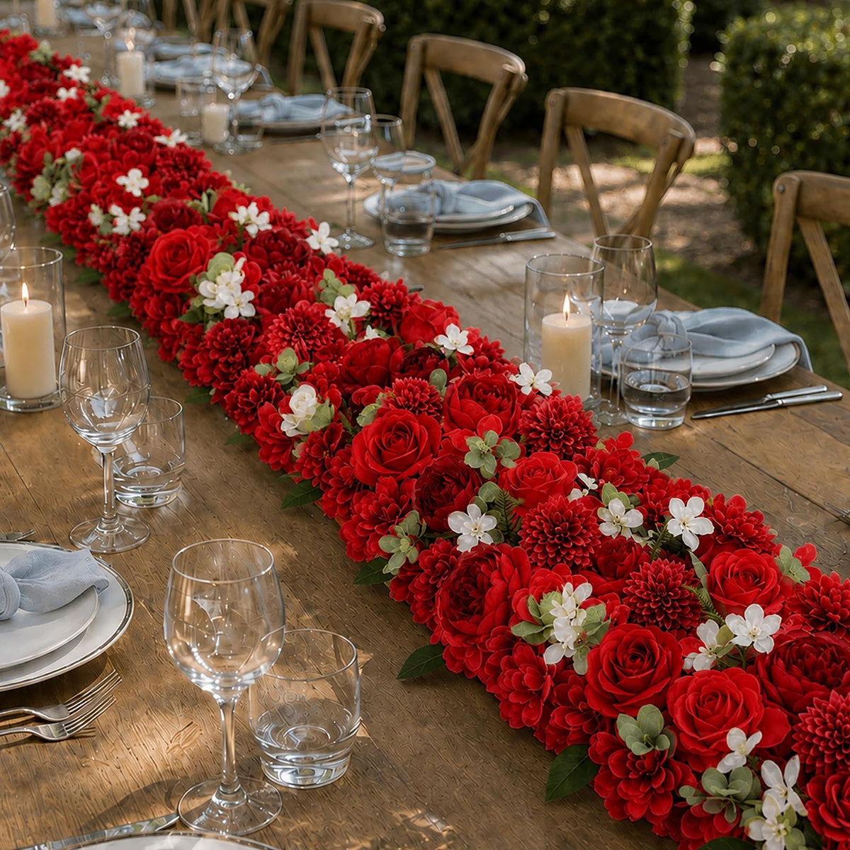 Pre-Arranged Silk Flower Table Runner 40"x16" Red – Artificial Roses, Peonies, Hydrangeas & Chrysant