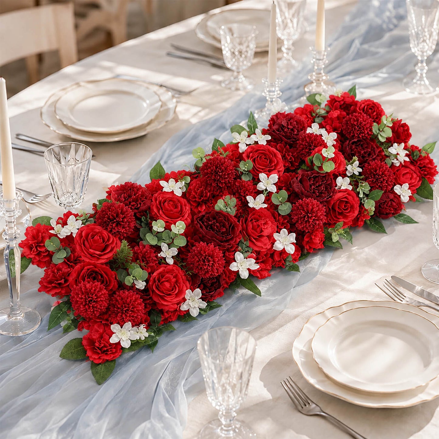 Pre-Arranged Silk Flower Table Runner 40"x16" Red – Artificial Roses, Peonies, Hydrangeas & Chrysant