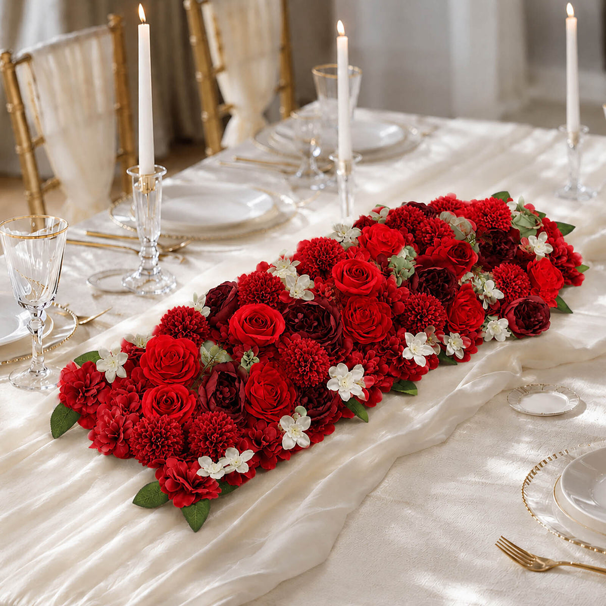 Pre-Arranged Silk Flower Table Runner 40"x16" Red – Artificial Roses, Peonies, Hydrangeas & Chrysant