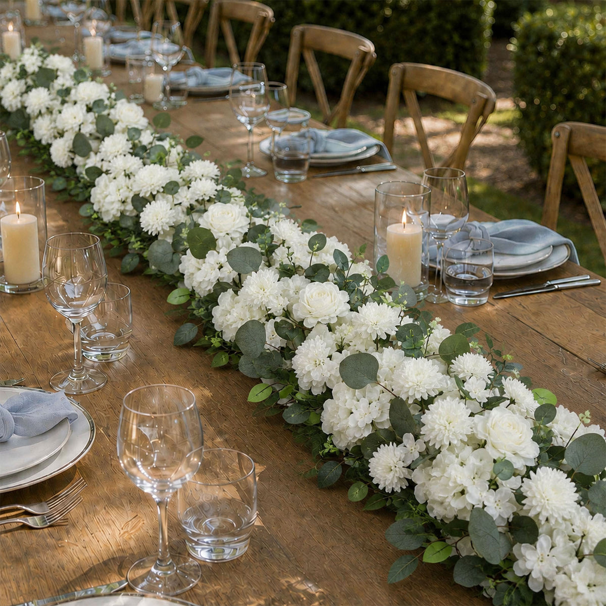 Pre-Arranged Silk Flower Table Runner 40"x16" White – Artificial Roses, Peonies, Hydrangeas & Chrysa