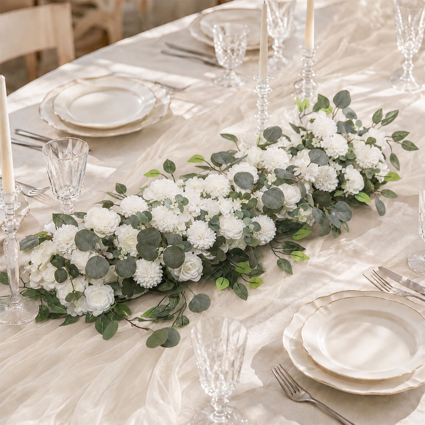 Pre-Arranged Silk Flower Table Runner 40"x16" White – Artificial Roses, Peonies, Hydrangeas & Chrysa