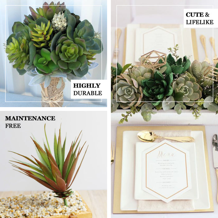 Assorted green artificial yucca and aloe vera succulents in a decorative arrangement.