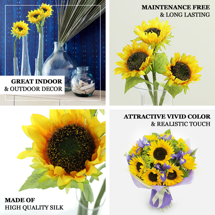 3 Stems | 17" Yellow Artificial Silk Sunflower Flower Bouquet Branches