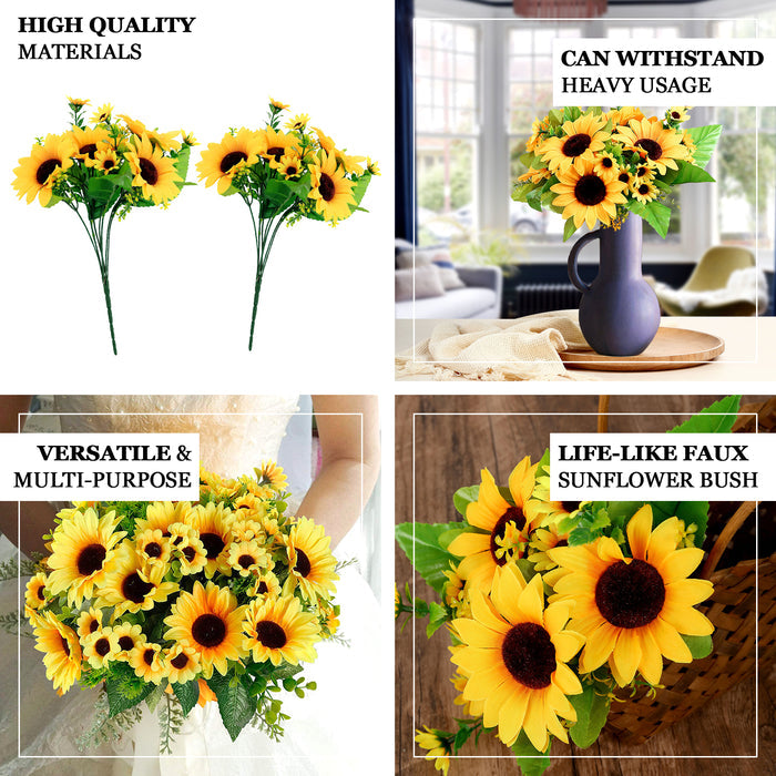 2 Bouquets | 13" Yellow Artificial Silk Sunflower Flower Bushes