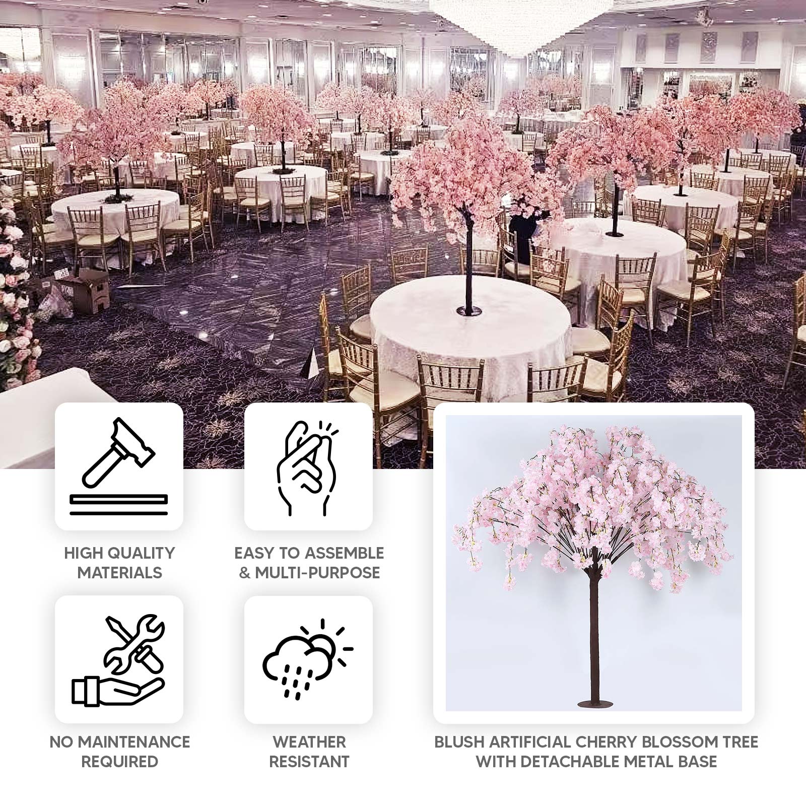 Blush Artificial Cherry Blossom Wishing Tree, 5ft Silk Sakura Flowers Fake Tree Wedding Decor With Detachable Metal Base