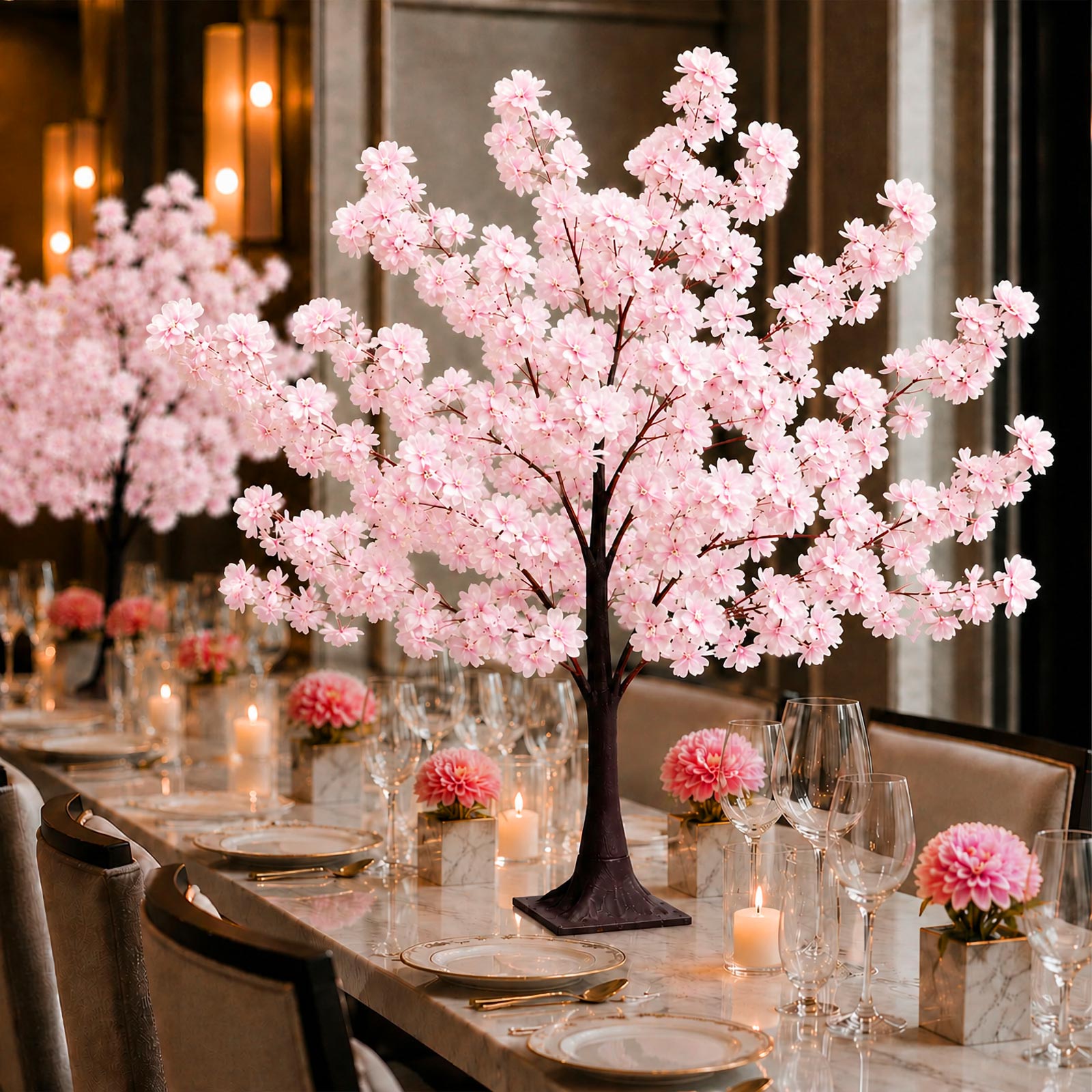 Blush silk cherry blossom tree centerpiece with metal base.