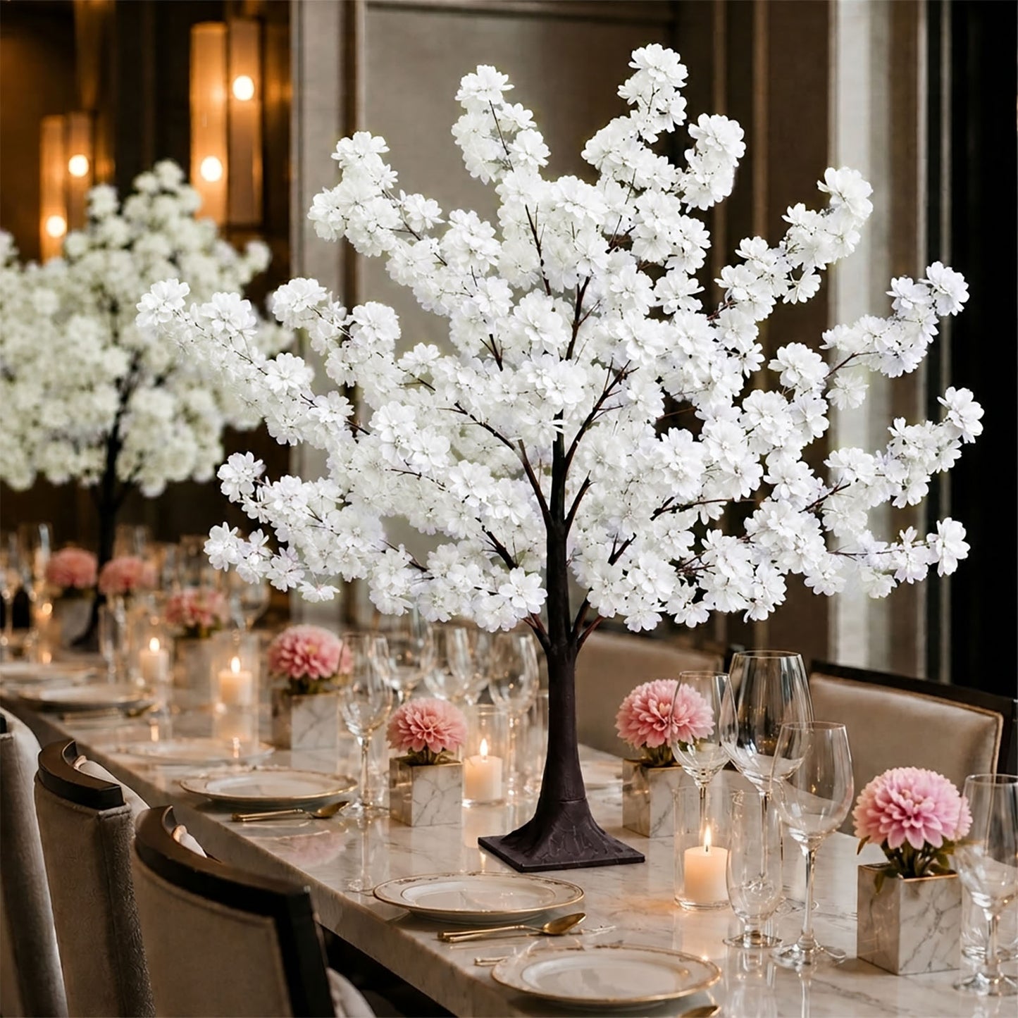 White artificial cherry blossom tree centerpiece with lifelike flowers.