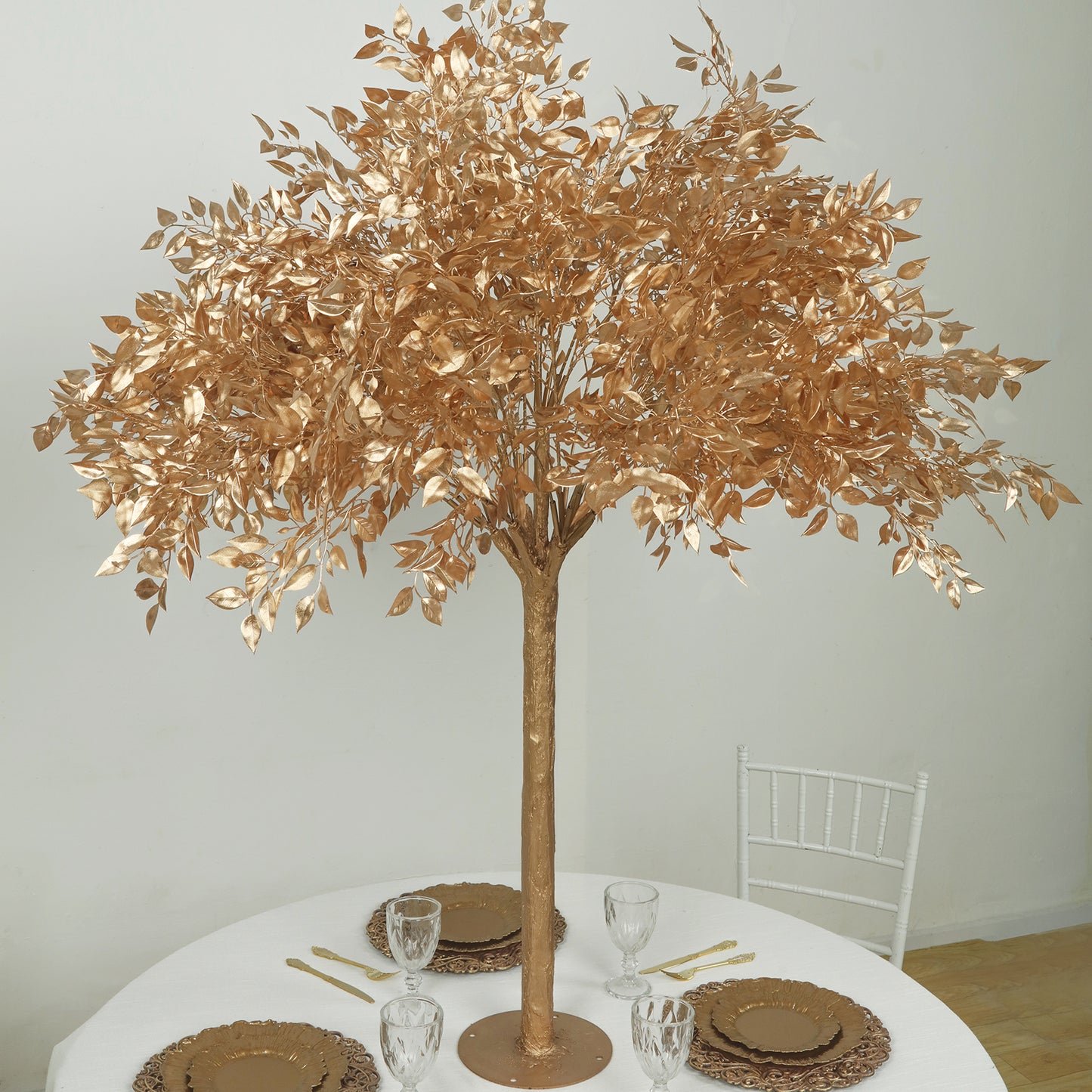 5ft golden faux leaf tree with natural-look trunk for event décor.