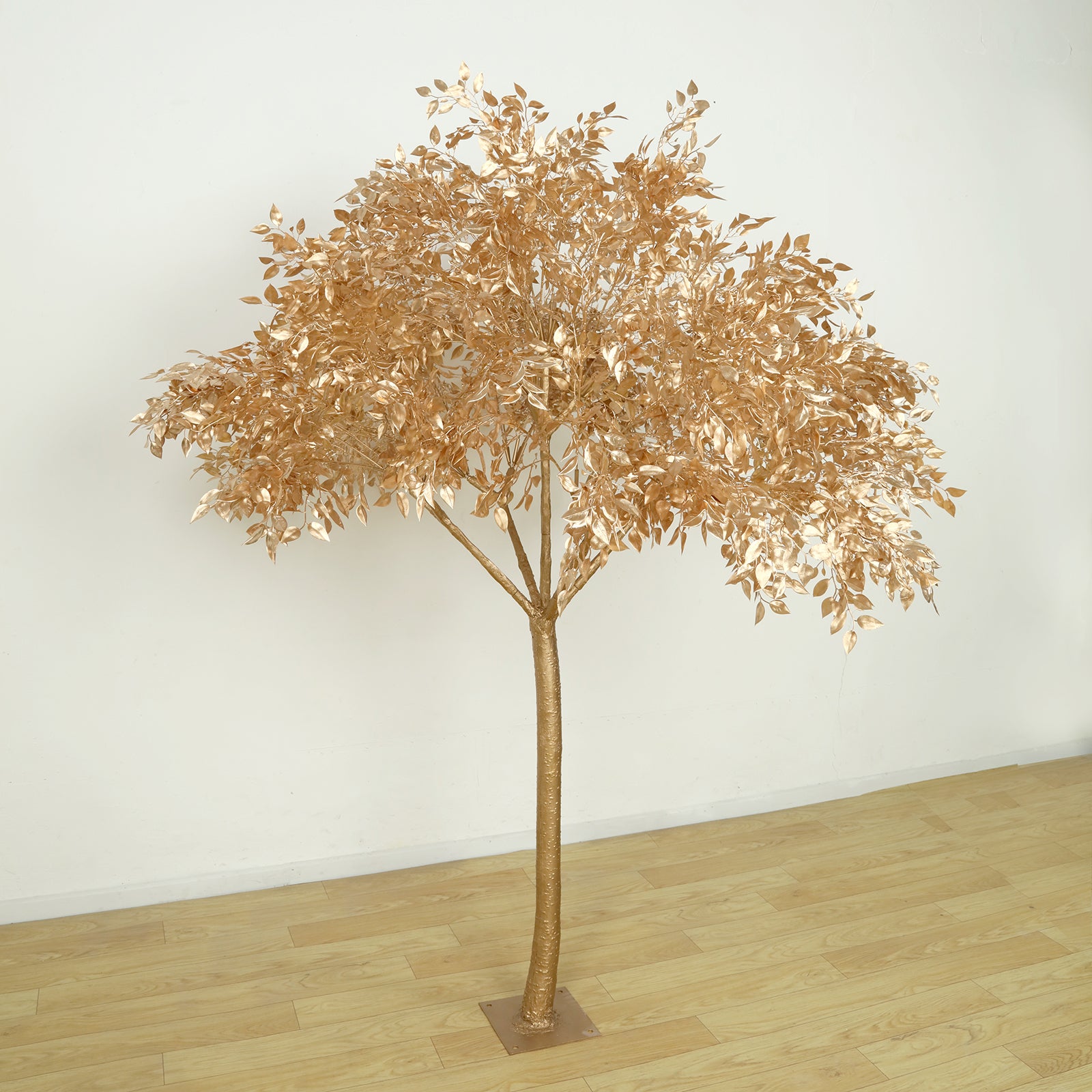 7ft golden faux leaf tree with natural-look trunk for event decor.