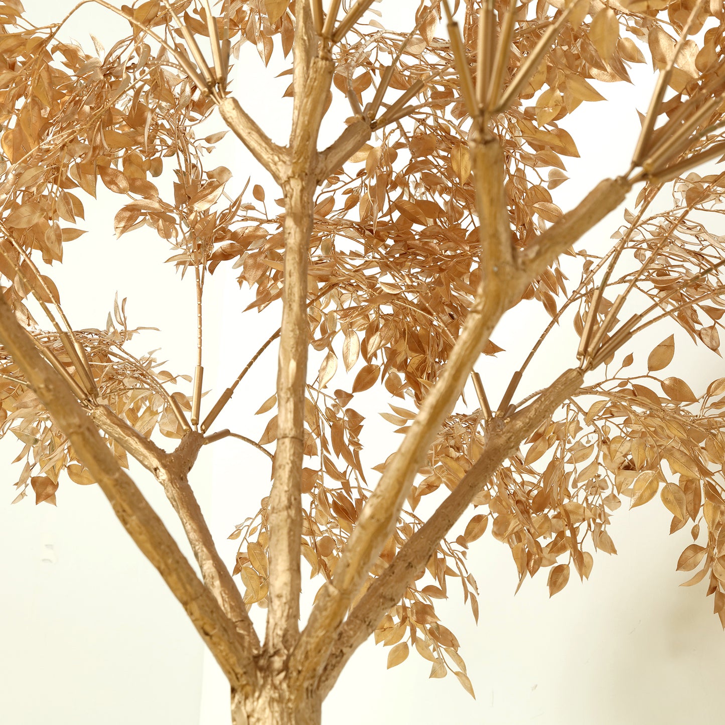 7ft golden faux leaf tree with natural-look trunk for event décor.