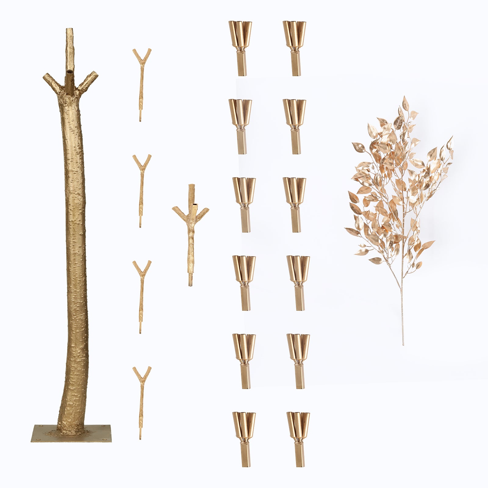 Golden faux leaf tree decor for events with natural-look trunk.